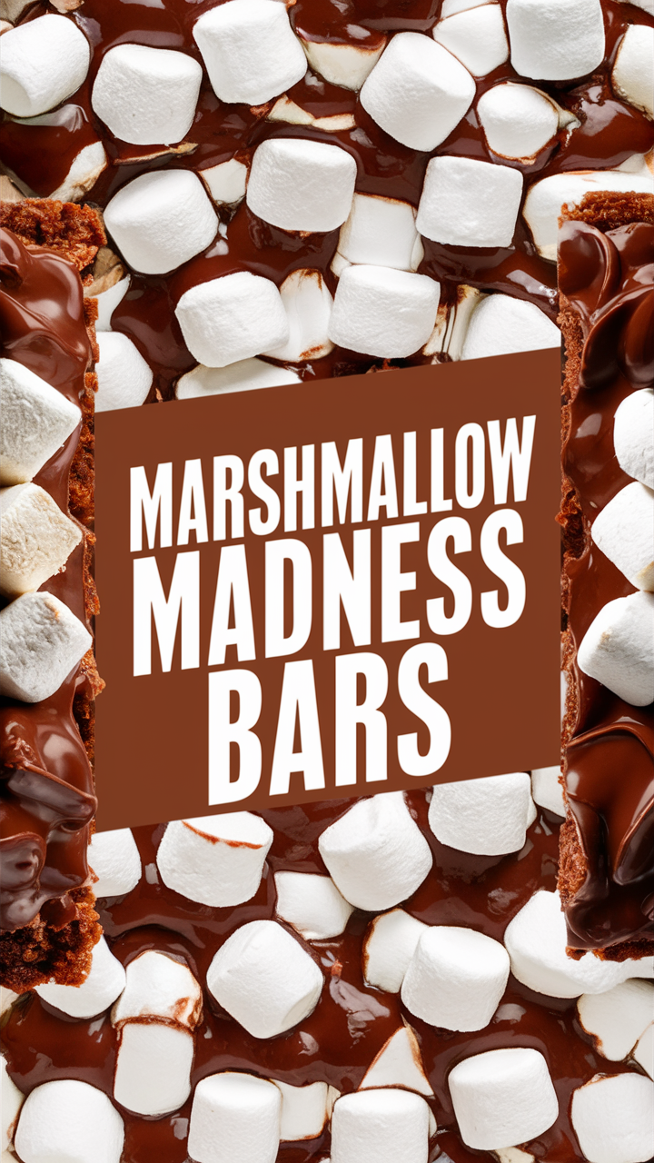 Marshmallow Madness Bars, gooey marshmallow bars, chocolate marshmallow treats, marshmallow dessert recipe, homemade marshmallow squares