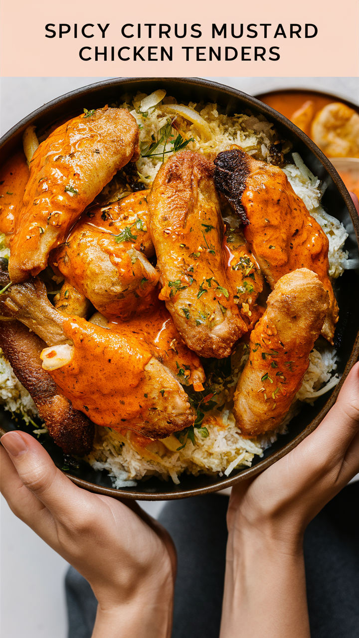 Spicy chicken tenders, Citrus glazed chicken, Mustard chicken recipe, Spicy chicken marinade, Citrus mustard chicken