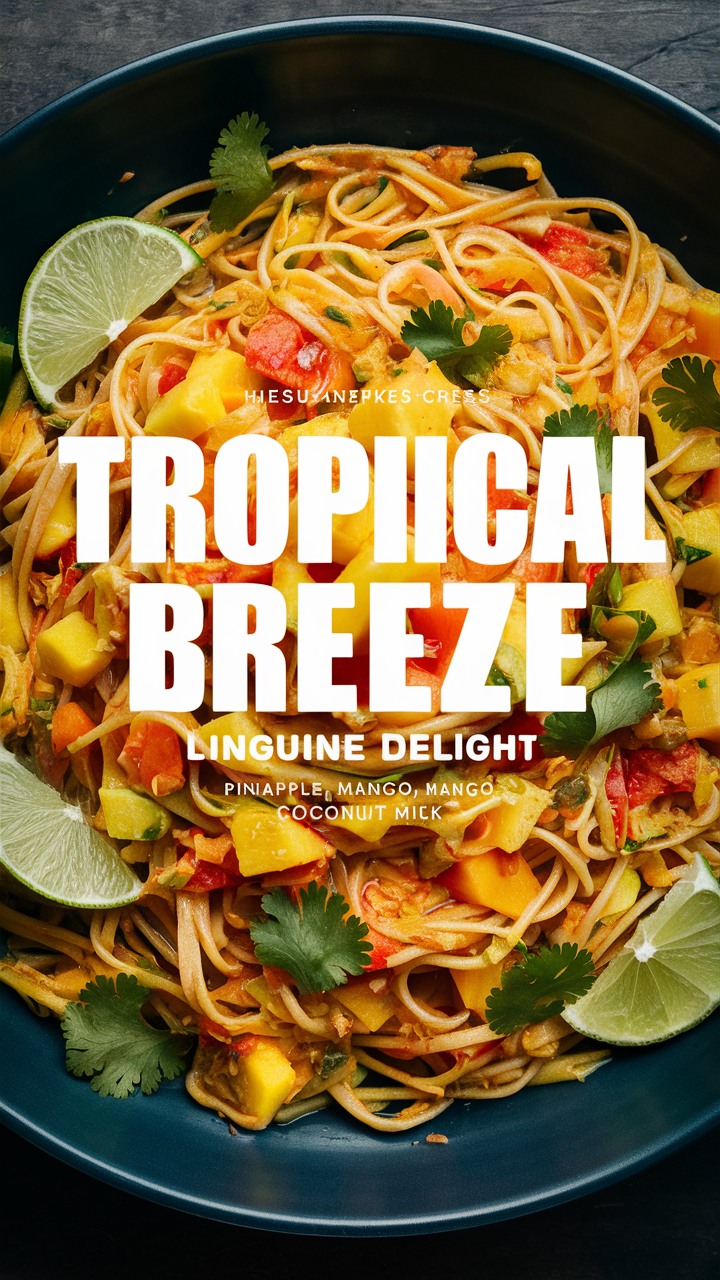 Tropical pasta recipe, 
Exotic linguine dish, 
Tropical cuisine delight, 
Delicious pasta creation, 
Island-inspired linguine
