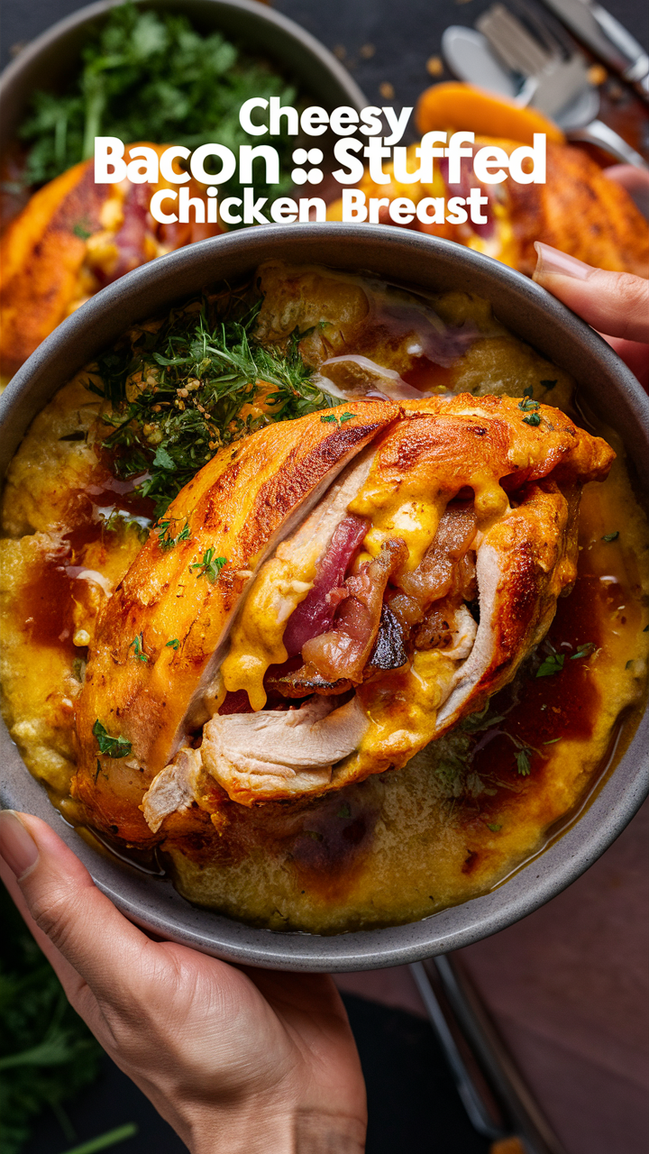 Cheesy chicken recipe, Bacon filled chicken breast, Stuffed chicken breast, Gourmet chicken dish, Bacon and cheese stuffed chicken