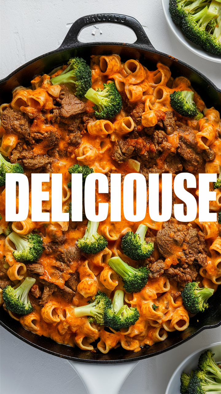 Cheesy beef skillet, Broccoli pasta recipe, Cheesy pasta recipe, Beef and broccoli dish, Delicious pasta skillet