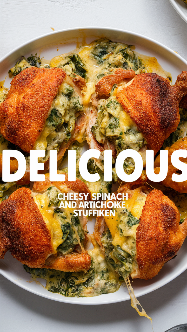 Cheesy Spinach Stuffed Chicken, Artichoke Stuffed Chicken, Spinach and Artichoke Chicken, Stuffed Chicken Recipe, Cheesy Chicken Recipe