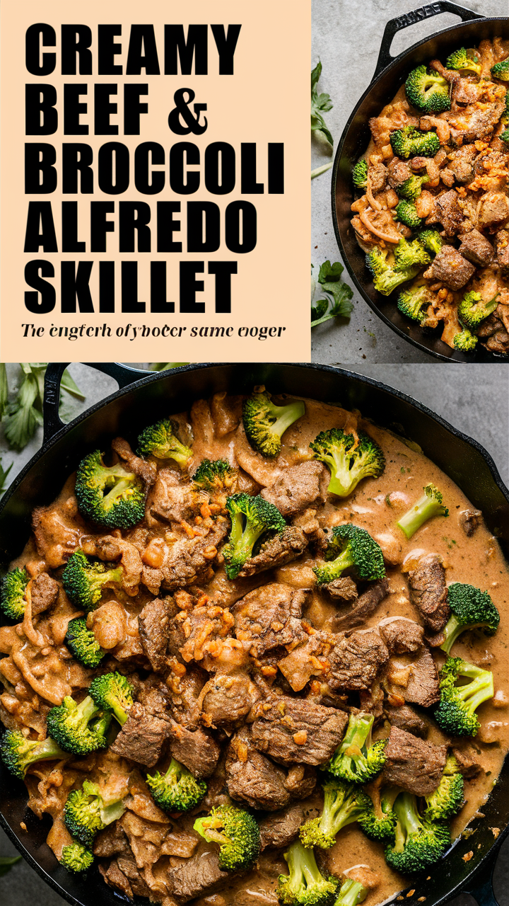 Beef Alfredo Skillet, Creamy Broccoli, Cheesy Skillet, Alfredo Pasta Dish, Broccoli Alfredo Recipe