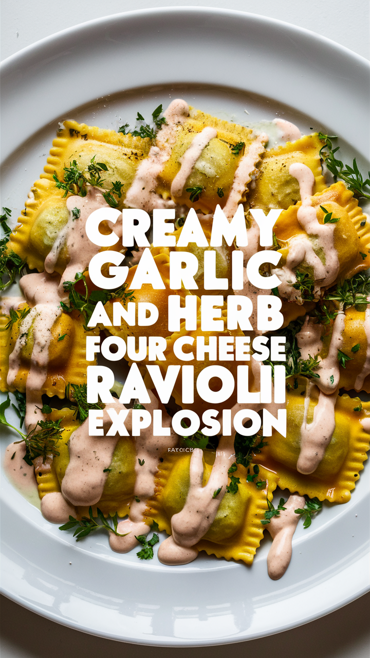 Garlic herb ravioli, Cheese ravioli dish, Creamy cheese pasta, Herb-infused ravioli, Cheesy pasta explosion