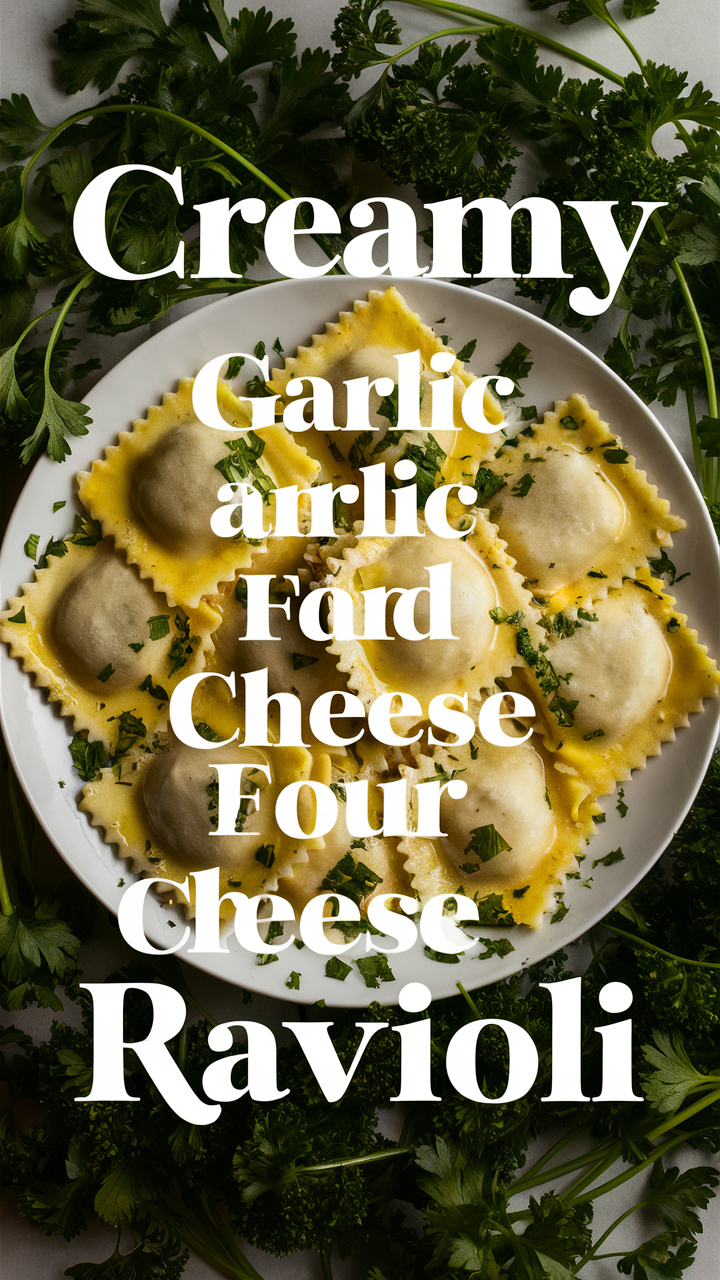Creamy garlic sauce, gourmet cheese ravioli, herb-infused pasta, artisan four cheese dish, gourmet garlic butter