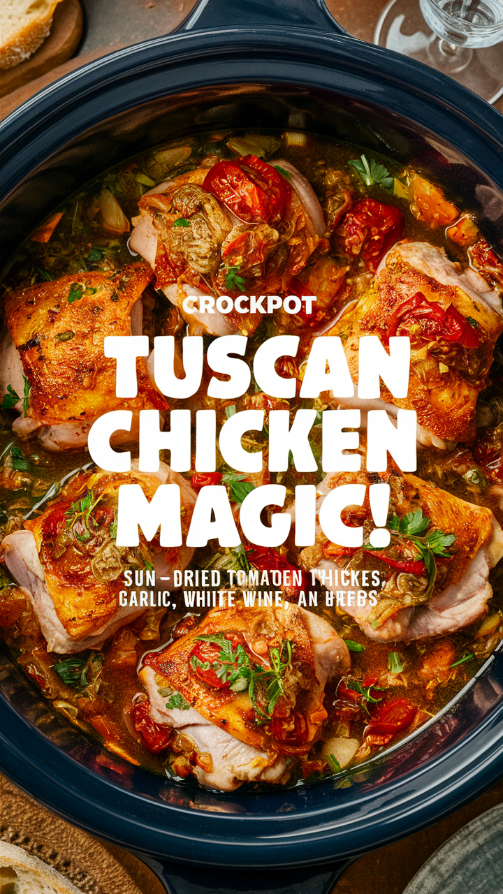 Crockpot Tuscan Chicken recipe, Tuscan chicken slow cooker, Crockpot Tuscan chicken thighs, Italian chicken crockpot, Slow cooker Tuscan chicken