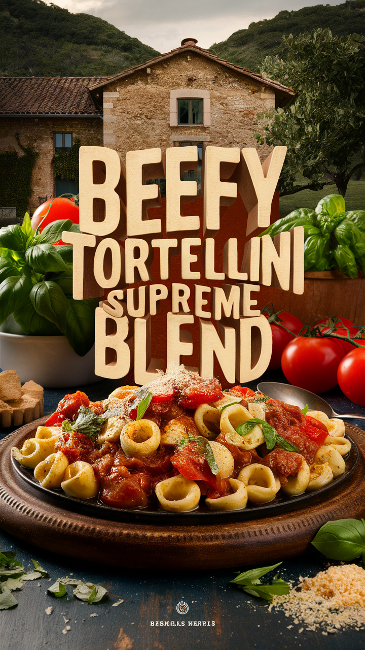 Beefy tortellini supreme, gourmet pasta dish, cheesy tortellini recipe, delicious pasta feast, savory pasta filling