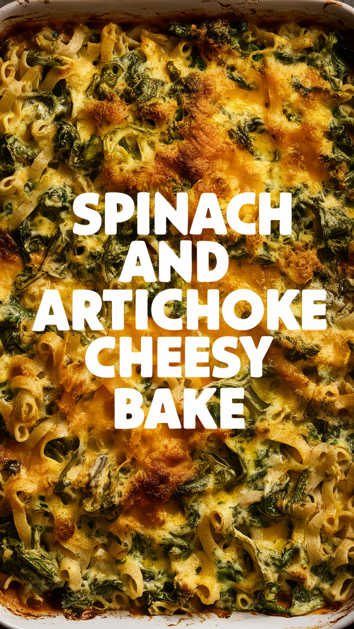 Spinach pasta bake, creamy artichoke pasta, cheesy spinach bake, spinach artichoke casserole, gooey pasta bake