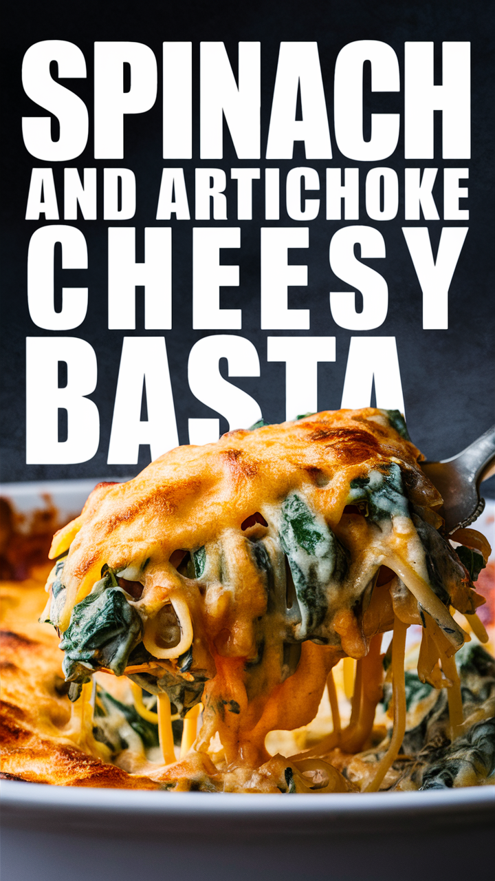 Spinach pasta bake, creamy artichoke pasta, cheesy spinach bake, spinach artichoke casserole, gooey pasta bake