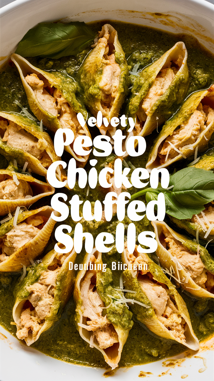 Velvety Pesto Chicken Stuffed Shells, Chicken Stuffed Shells, Pesto Chicken Recipe, Stuffed Shells with Chicken, Pesto Stuffed Shells