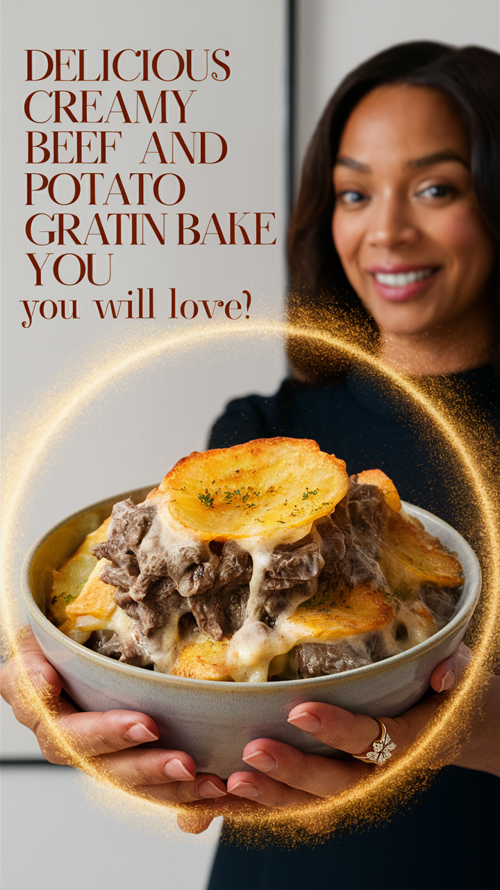 Beef casserole recipe, Easy beef recipe, Creamy casserole dish, Potato gratin bake, Comfort food recipe