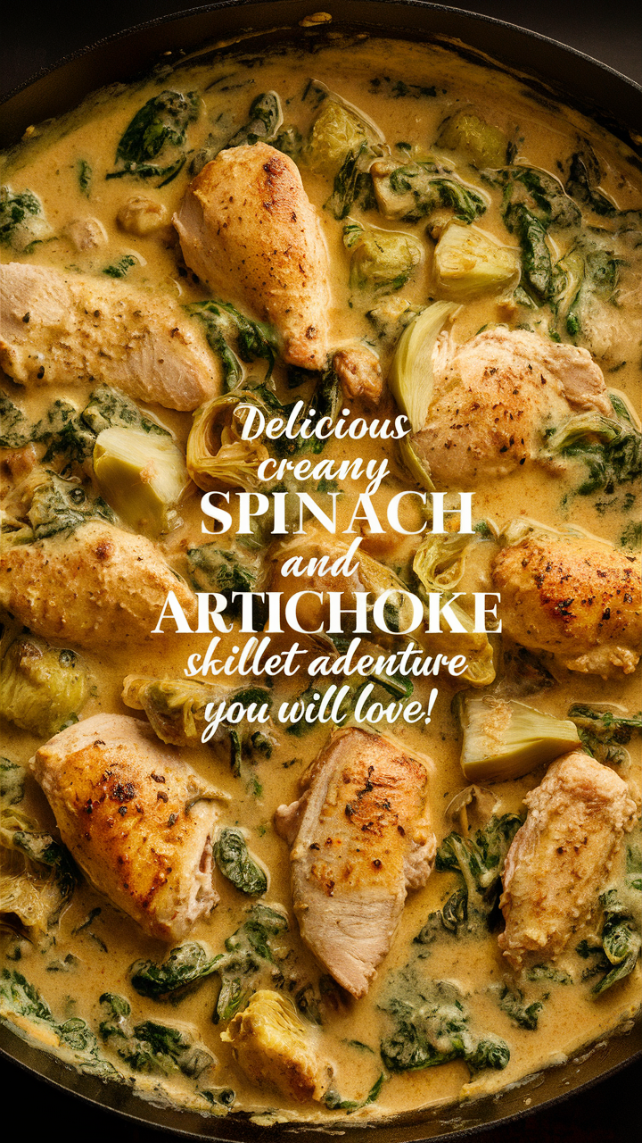 Spinach and Artichoke Chicken, Chicken Skillet Recipe, Creamy Chicken Skillet, Spinach Artichoke Dip, Artichoke Chicken Skillet