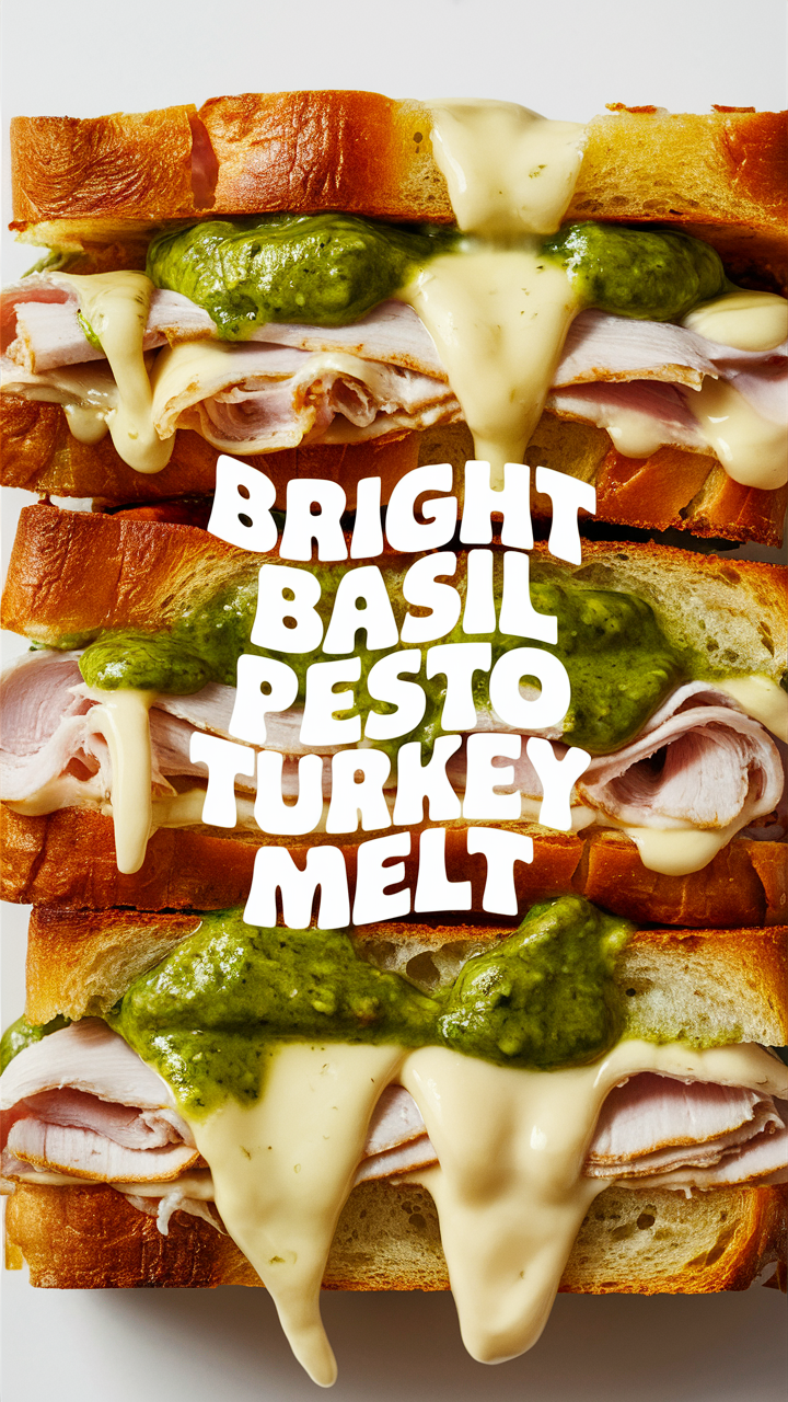 Bright Basil Pesto Turkey Melt, Gourmet Turkey Sandwich, Artisan Turkey Panini, Basil Pesto Turkey Melt, Turkey and Pesto Grilled Cheese