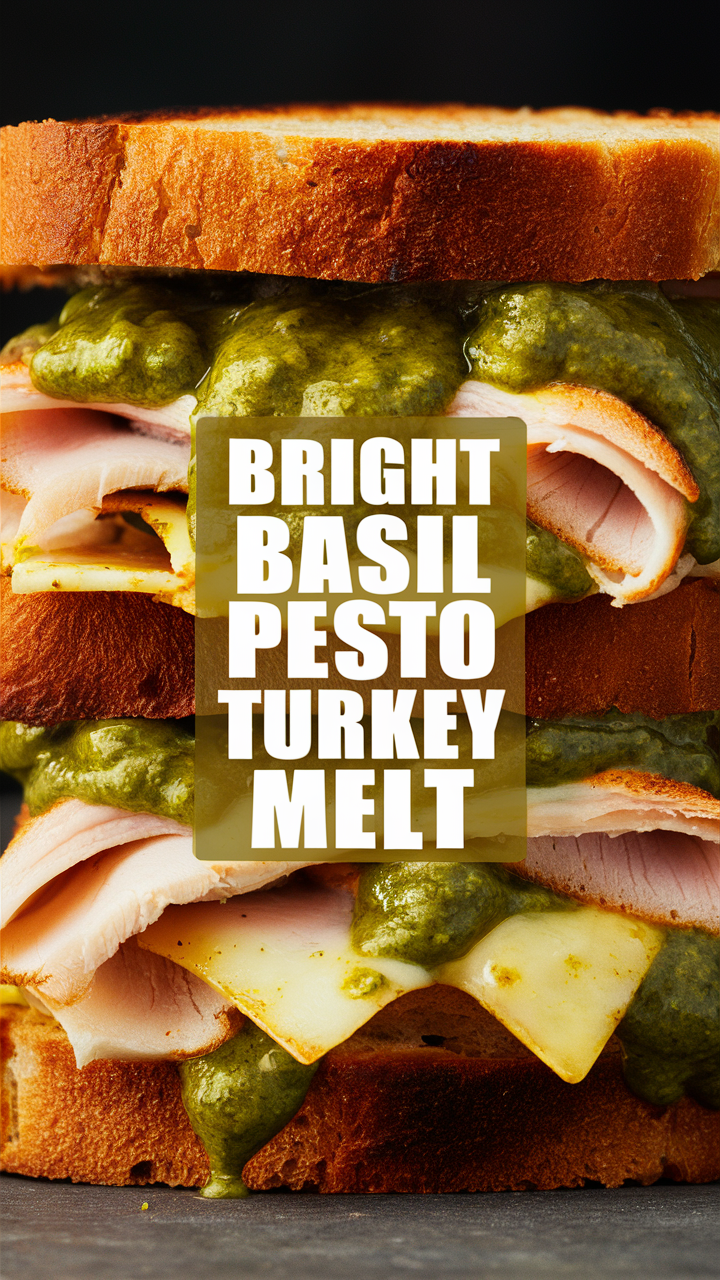 Bright Basil Pesto Turkey Melt, Gourmet Turkey Sandwich, Artisan Turkey Panini, Basil Pesto Turkey Melt, Turkey and Pesto Grilled Cheese