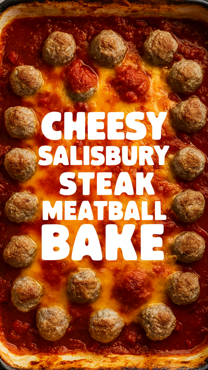 Salisbury Steak recipe, Meatball casserole, Steak and meatball bake, Cheesy meatball bake, Salisbury Steak casserole