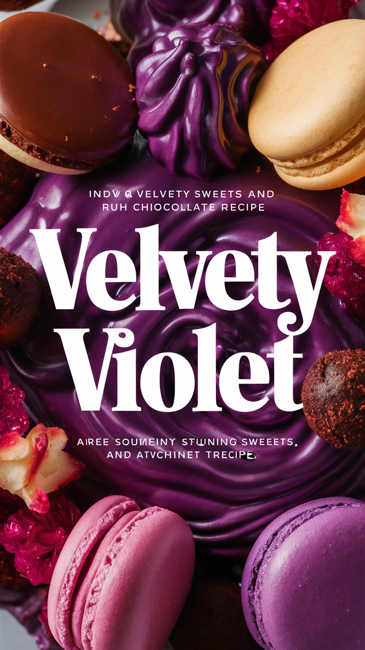Velvety violet sweets, Decadent dessert treats, Gourmet confectionery, Rich chocolate delights, Luxurious taste sensations