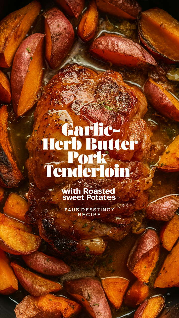 Garlic herb pork tenderloin, Roasted sweet potatoes, Butter pork tenderloin, Herb butter pork, Roasted sweet potatoes recipe