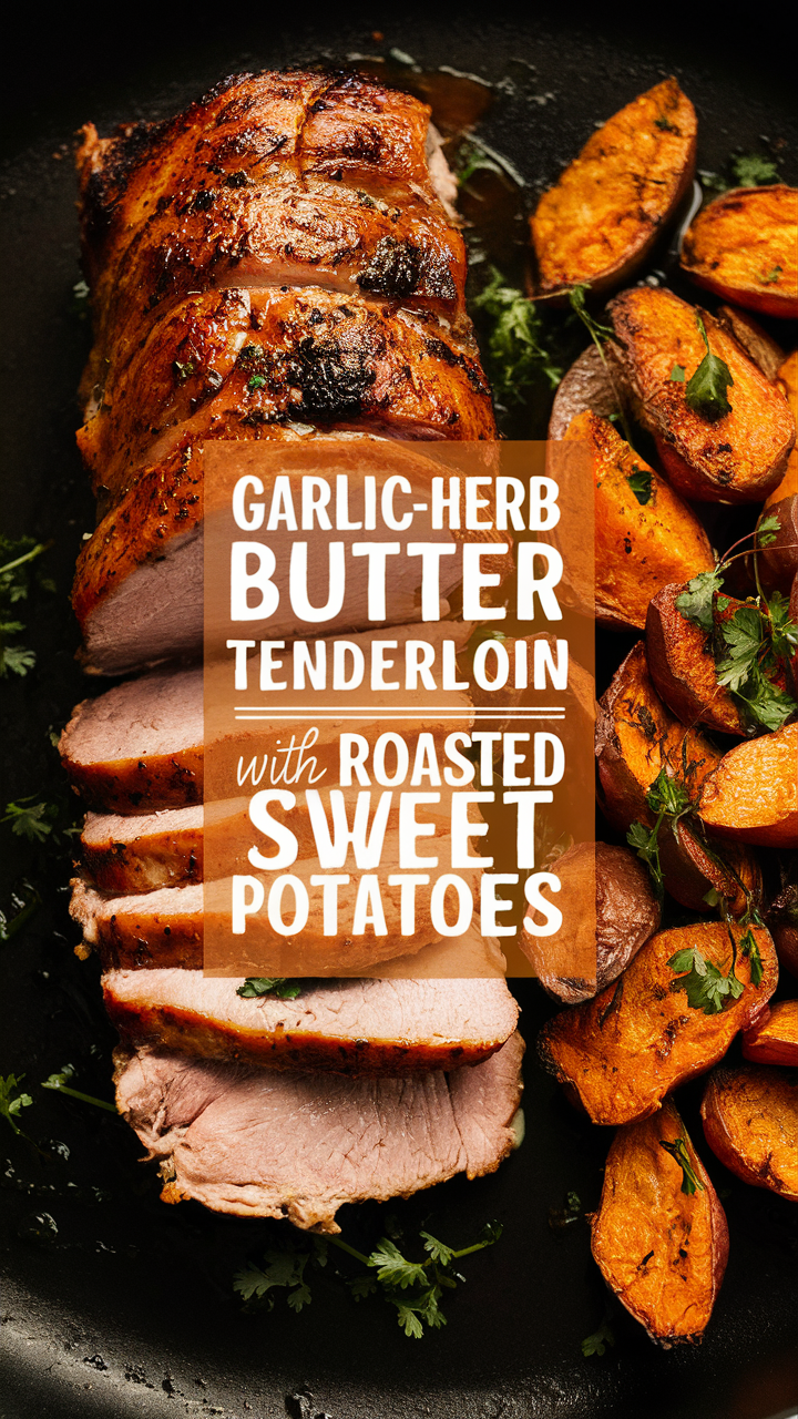 Garlic herb pork tenderloin, Roasted sweet potatoes, Butter pork tenderloin, Herb butter pork, Roasted sweet potatoes recipe