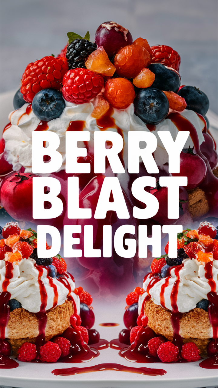 Berry blast dessert, Sweet berry treat, Juicy berry delight, Berry flavor explosion, Berry dessert indulgence