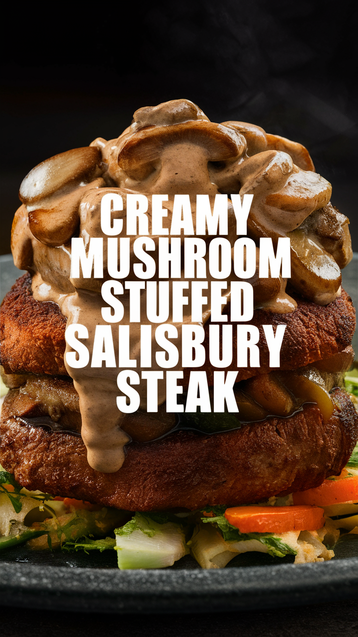 Salisbury steak recipe, Mushroom stuffed steak, Creamy mushroom gravy, Homemade Salisbury steak, Stuffed steak recipe