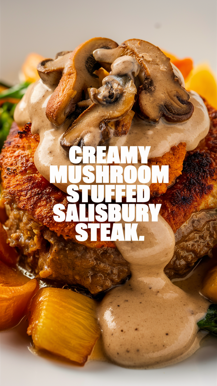 Salisbury steak recipe, Mushroom stuffed steak, Creamy mushroom gravy, Homemade Salisbury steak, Stuffed steak recipe
